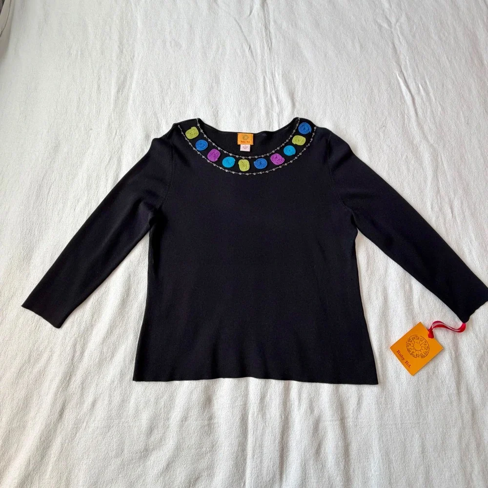 Ruby Rd Womens XL Black Knit Top Embellished Spiral Neckline Long Sleeve NWT
